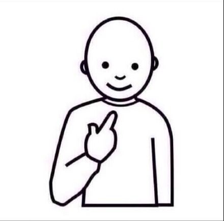 Simple line drawing meme of a person with an egg-shaped head and a blank smile pointing at their own chest.