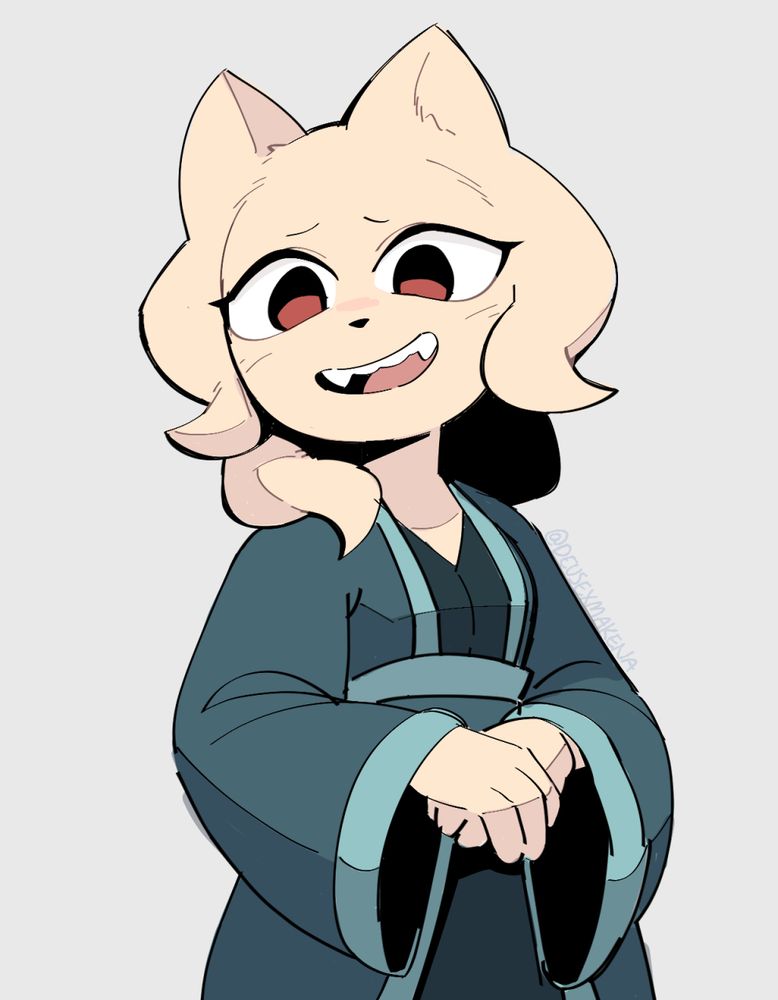 A still drawing of Heng From Ninesols. She has a slightly bashful mouth-open smile on her face revealing sharp teeth. her hands are folded in front of her.