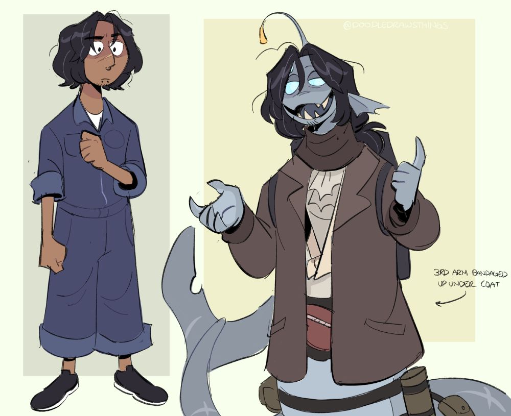 Two fan made designs for the character Sebastian Solace. On the left is him as a human wearing a navy blue jumpsuit with mid-length disheveled hair with a couple grey strands. The drawing on the left is of his in-game design as a fish monster. He's wearing a brown trench coat, his hair is still disheveled but longer and tied back into a ponytail and he is wearing a fanny pack beneath the coat. he is wearing a toothy smug smile on his face.