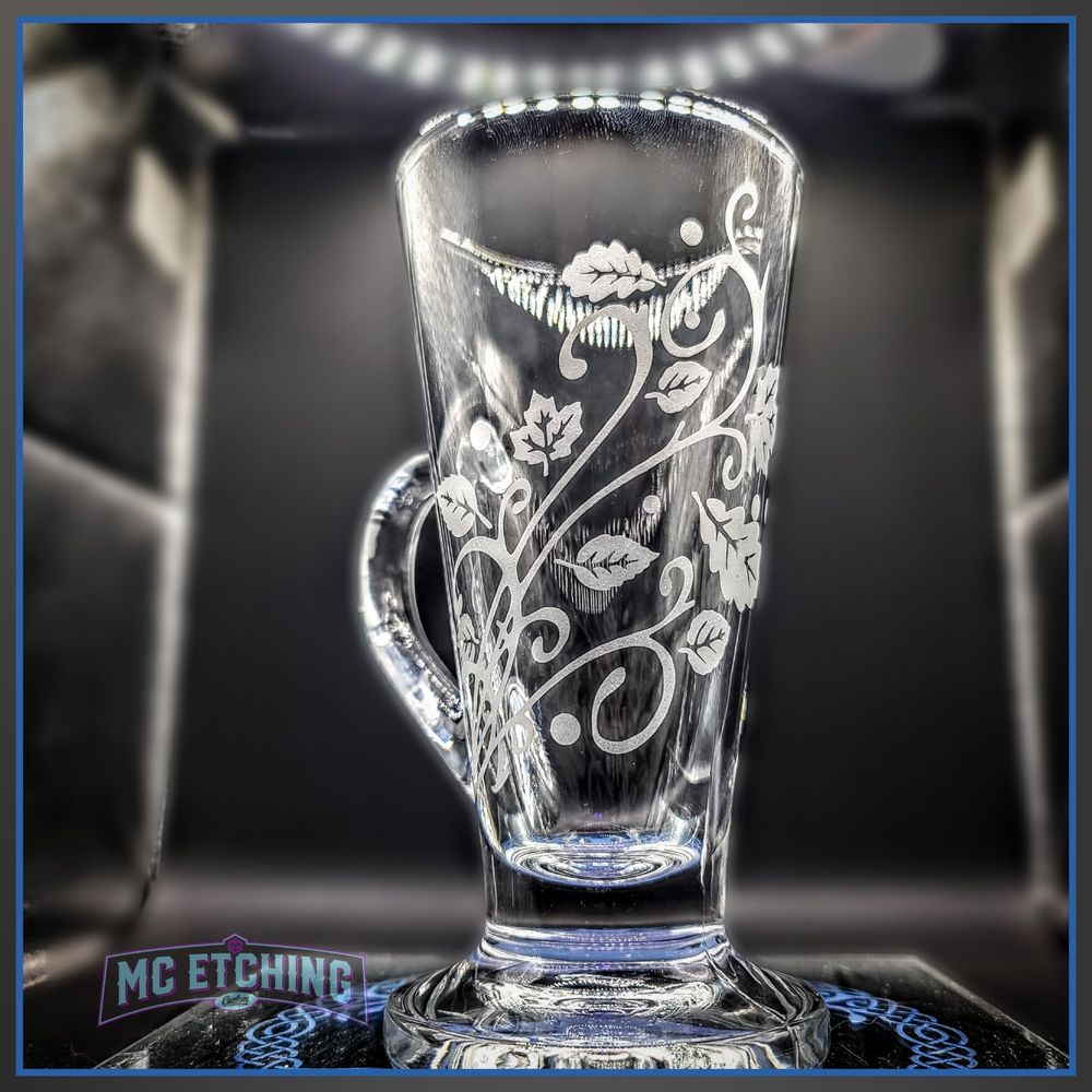 Tapered Irish coffee mug etched with filigree swirls and autumn leaves