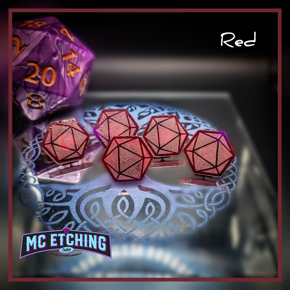 5 red stained glass etched d20 dice pins