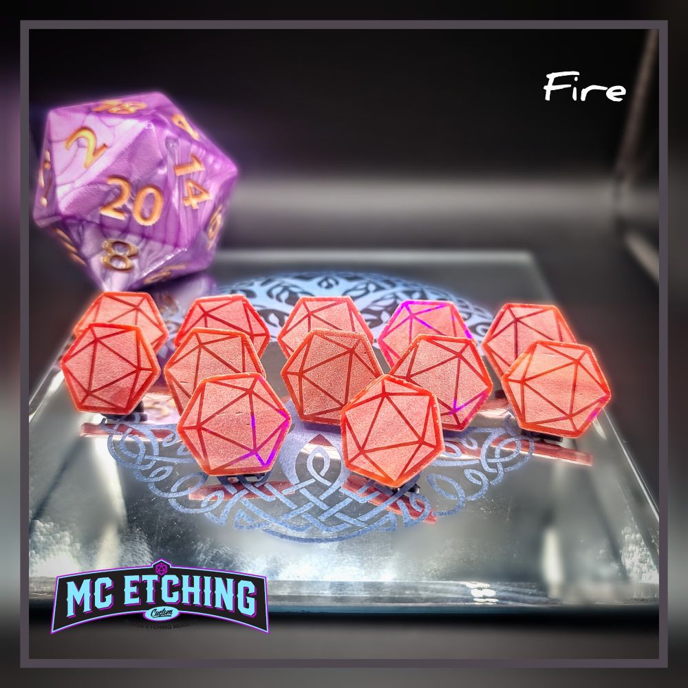 12 orange red etched stained glass d20 dice pins