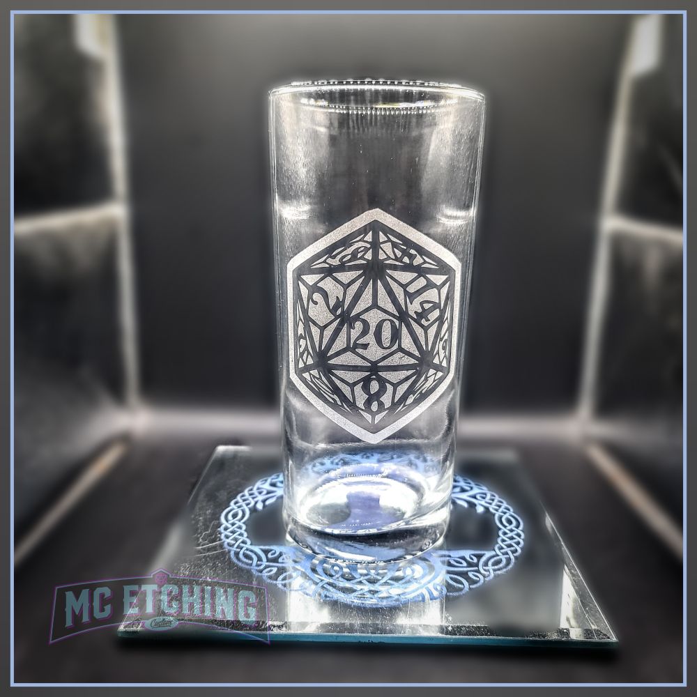 tall Collins Glass etched with a stylized D20 design