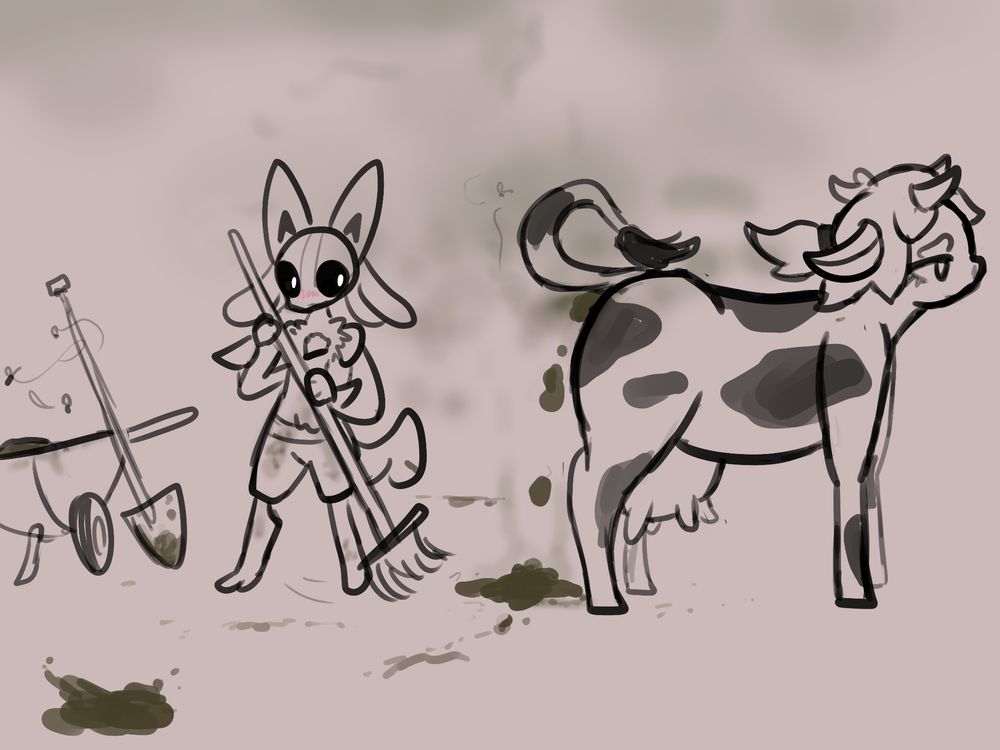 lucario looking at a cow taking a shit