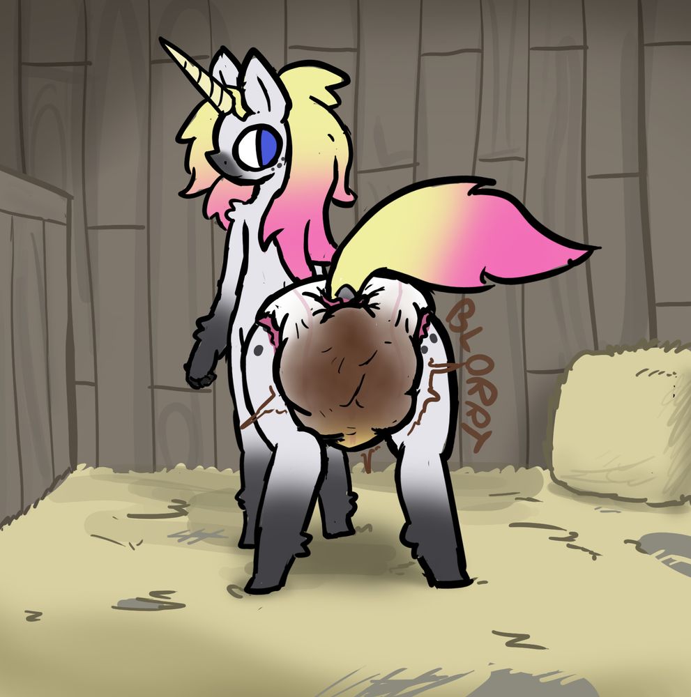 unicorn taur soiling a diaper in a stable