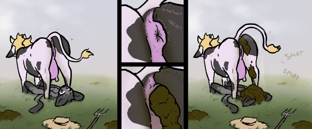 furry porn of a cat jerking off under a cow that poops on his face (scat)
