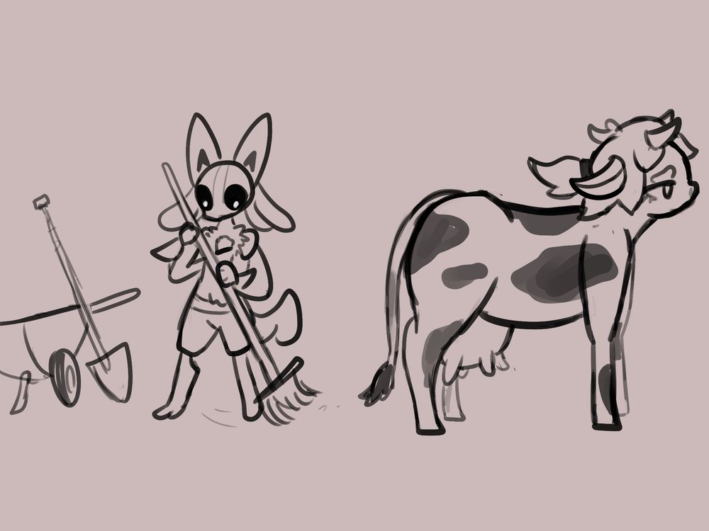 lucario cleaning a barn next to a cow
