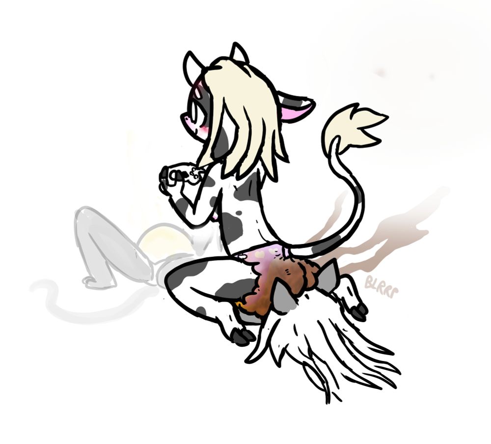 furry anthro cow with a messy diaper facesitting a furry anthro cat with a wet diaper