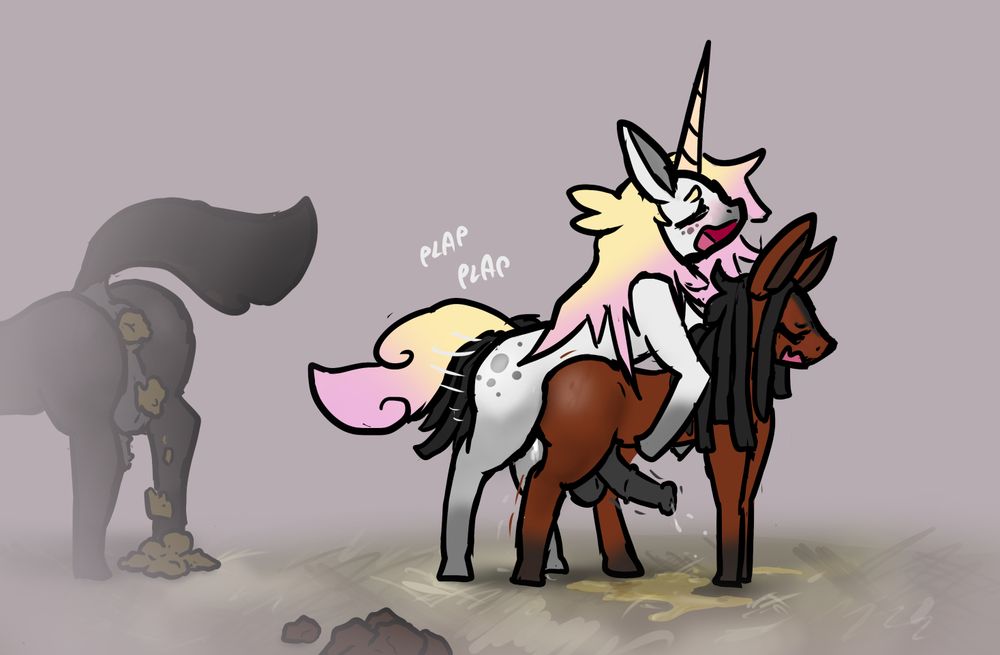 furry horses mounted having gay anal sex with a puddle of pee under them and a shitting horse butt next to them