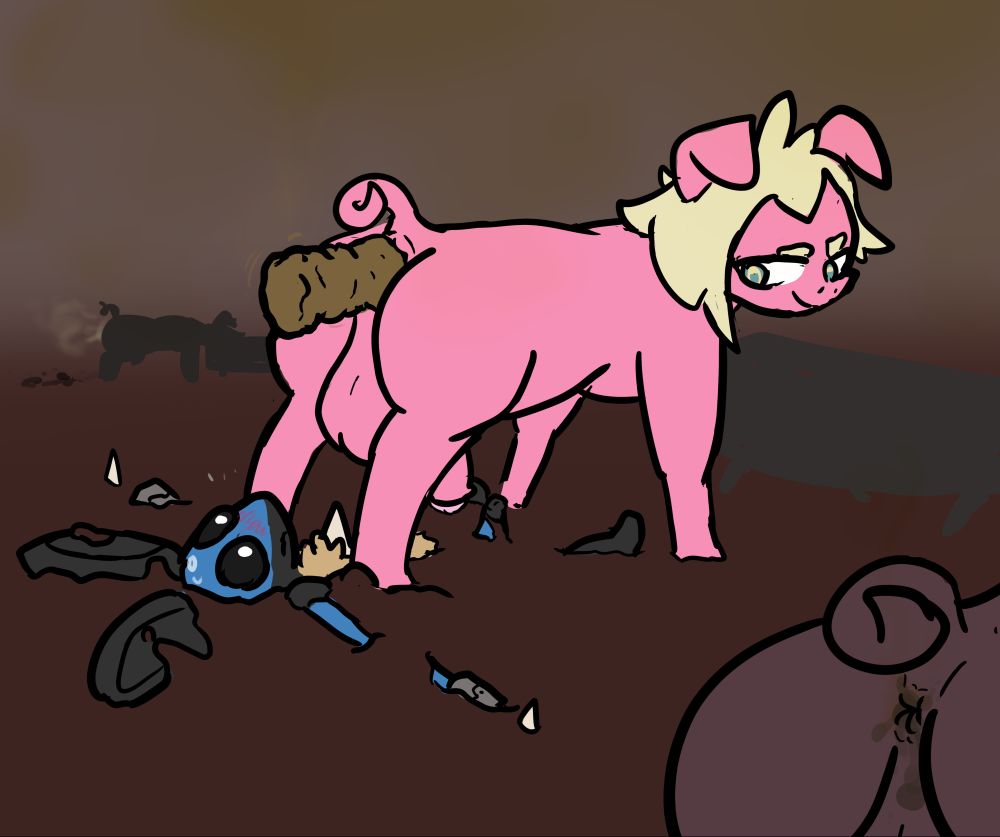 lucario strapped to the floor in a barn while a pig is pushing out a log of shit over his face
