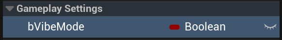 Screencap of a UE5 GameInstance variable window showing a new Boolean called bVibeMode