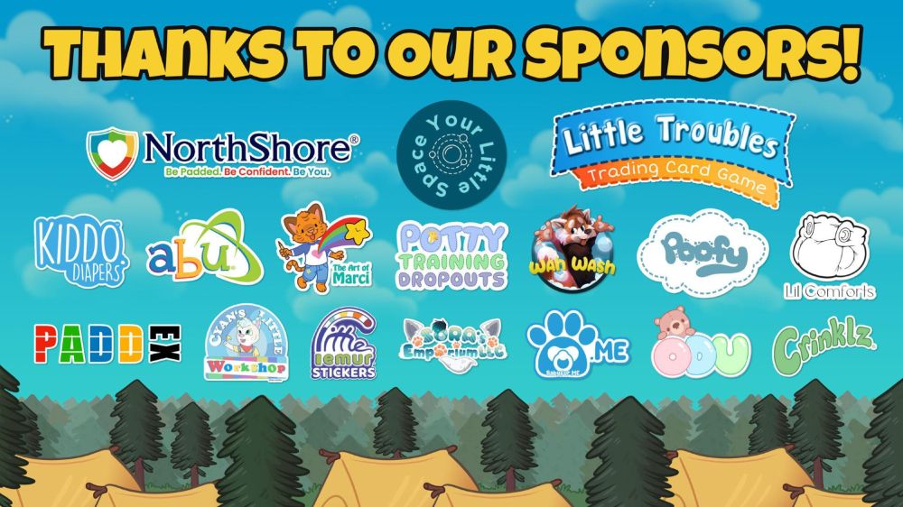 Colorful sponsor banner with a forest and tent background that reads “Thanks to Our Sponsors!” Logos shown include: NorthShore, Your Little Space, Little Troubles, Kiddo Diapers, ABU, The Art of Marci, Potty Training Dropouts, Wah Wash, Poofy, Lil Comforts, PaddEx, Cyan’s Little Workshop, Little Lemur Stickers, Sora’s Emporium, Babyfur.Me, ODU, and Crinklz.