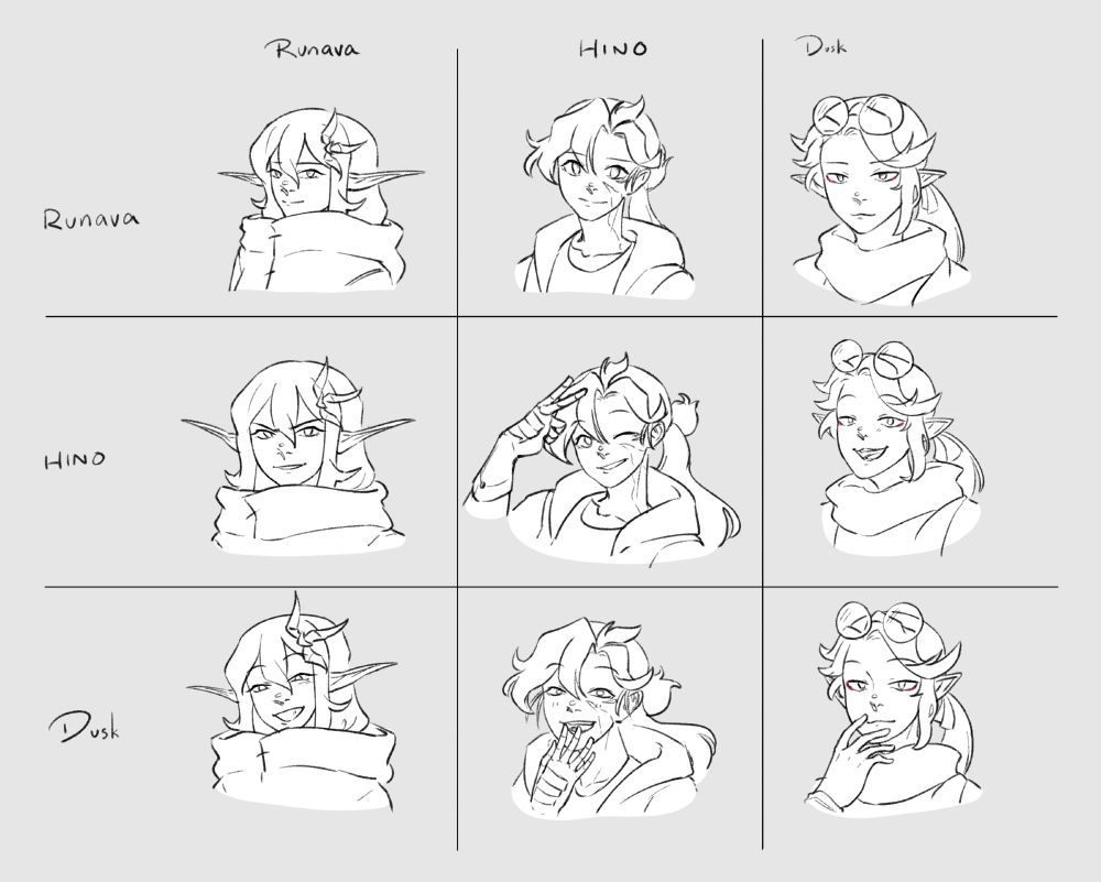 a 3x3 grid of my dungeons and dragons characters, Runava, Hino, and Dusk, with swapped personalities of each other