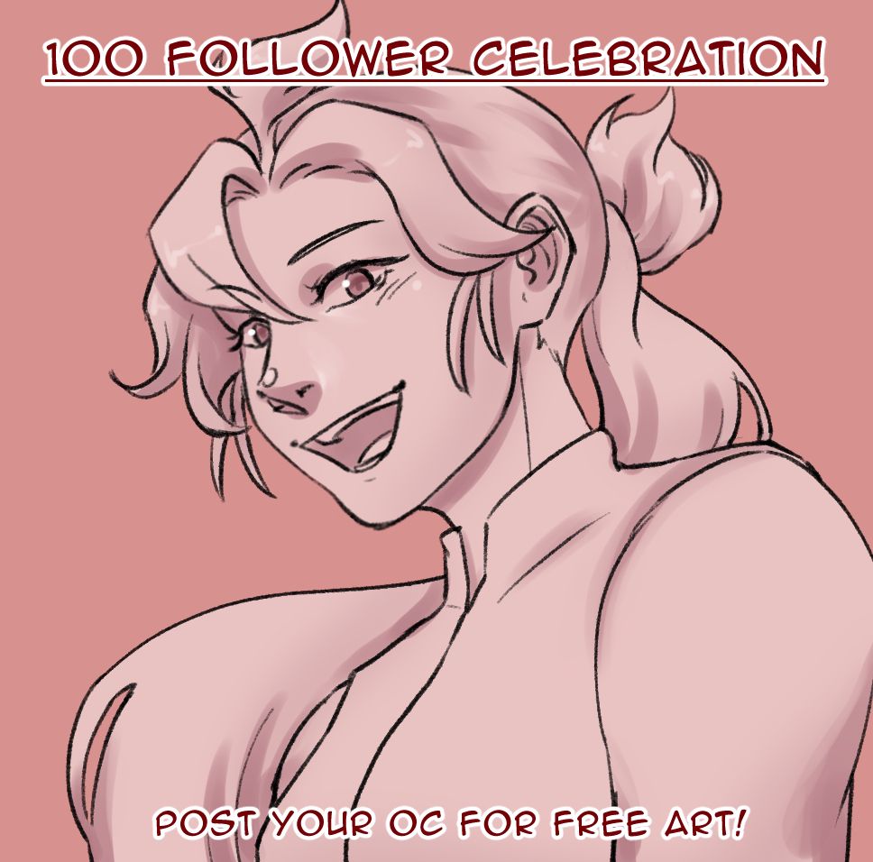 A bust portrait of Hino, my pokemon dnd original character. The caption is '100 follower celebration. Post your OC for free art!' 