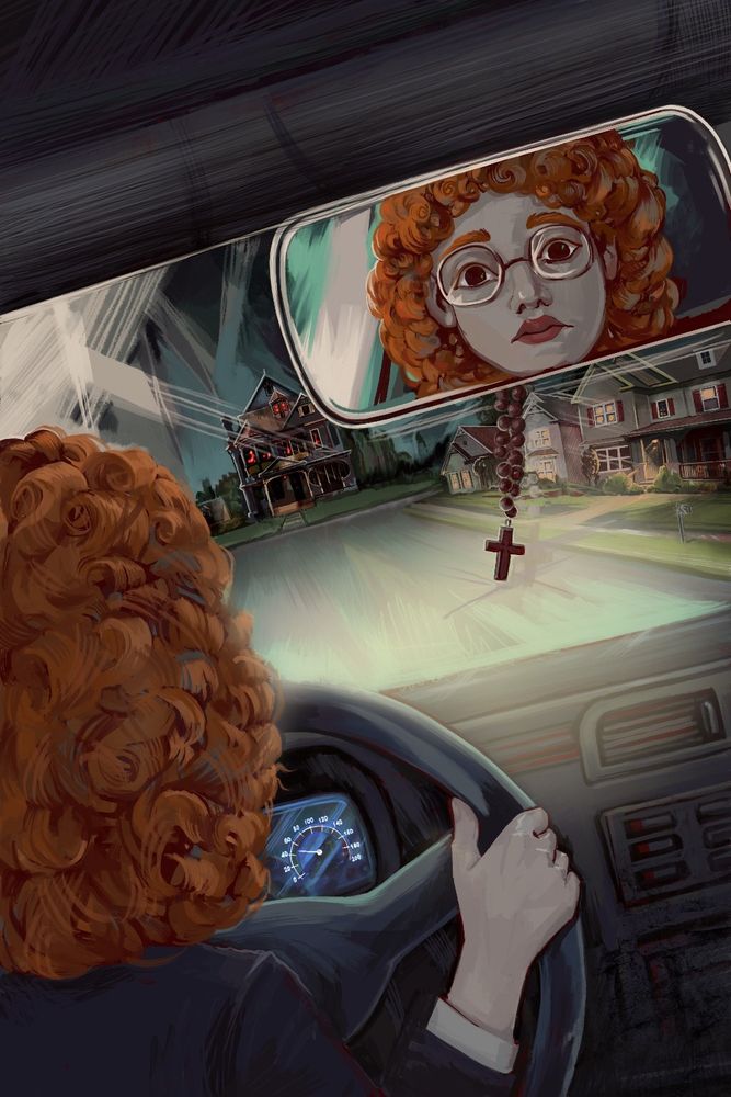 Rose Marie, a devout Catholic girl with curly hair, drives down a dark suburban road. 