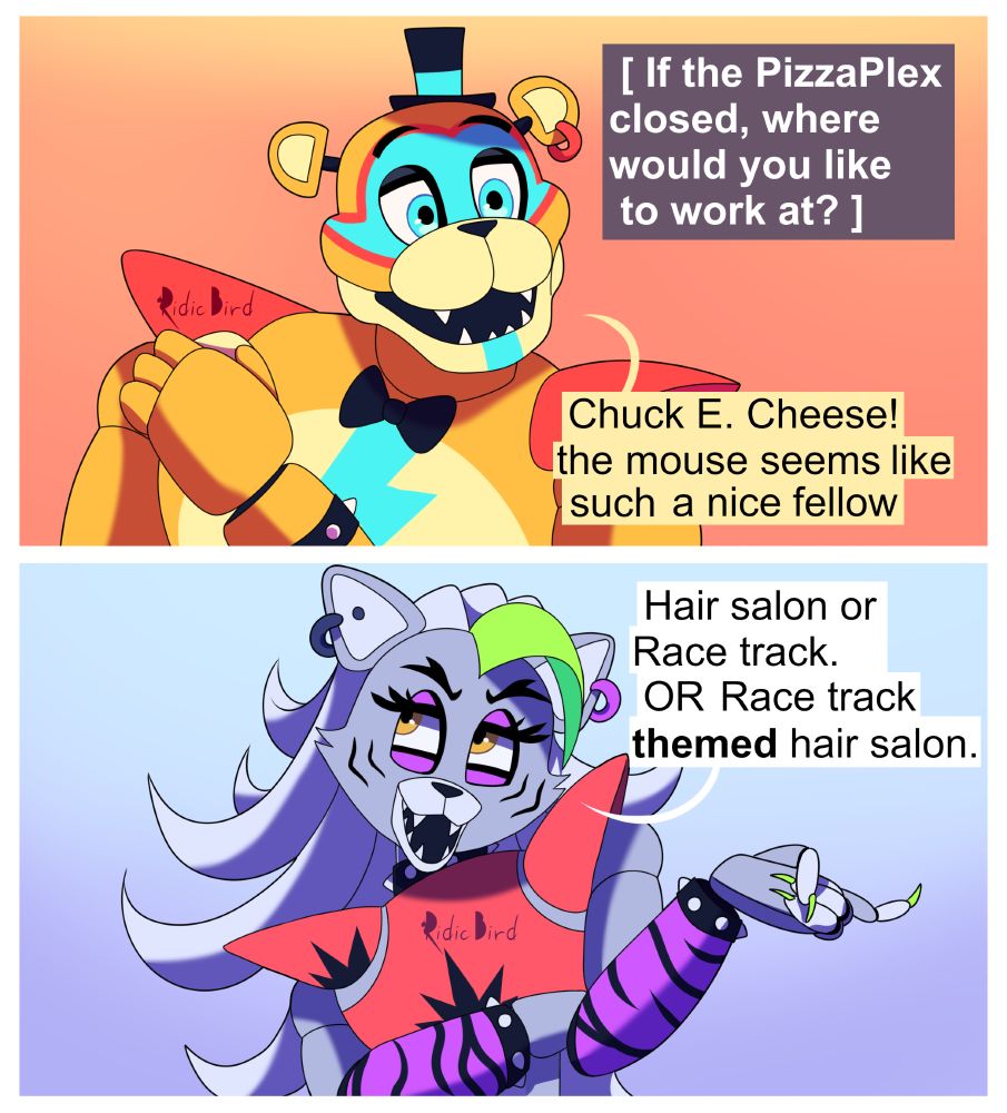 FNAF Comic. Someone is interviewing the Glamrocks where they would like to work at besides the Mega Pizza Plex. Glamrock Freddy says he’d like to work at Chuck E. Cheese. Roxanne Wolf says she’d like to be a race car driver or own a hair salon.