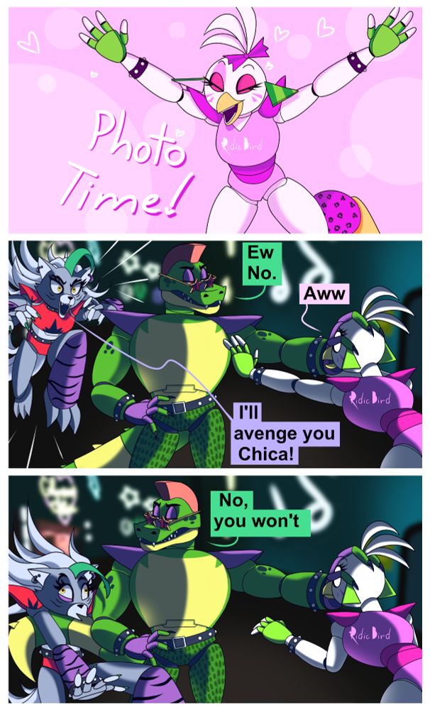 FNAF Comic of Glamrock Chica running towards Monty Gator shouting happily 'Photo Time'. Monty stops her, unimpressed. Behind Monty Roxanne Wolf is rushing towards him saying 'I'll avenge you Chica!' Monty stops Roxy as well.