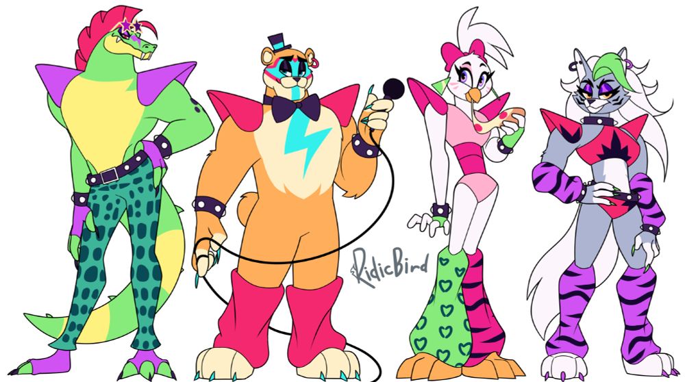 FNAF designs of Monty Gator, Glamrock Freddy, Glamrock Chica & Roxanne Wolf as 'furries' instead of animatronics.