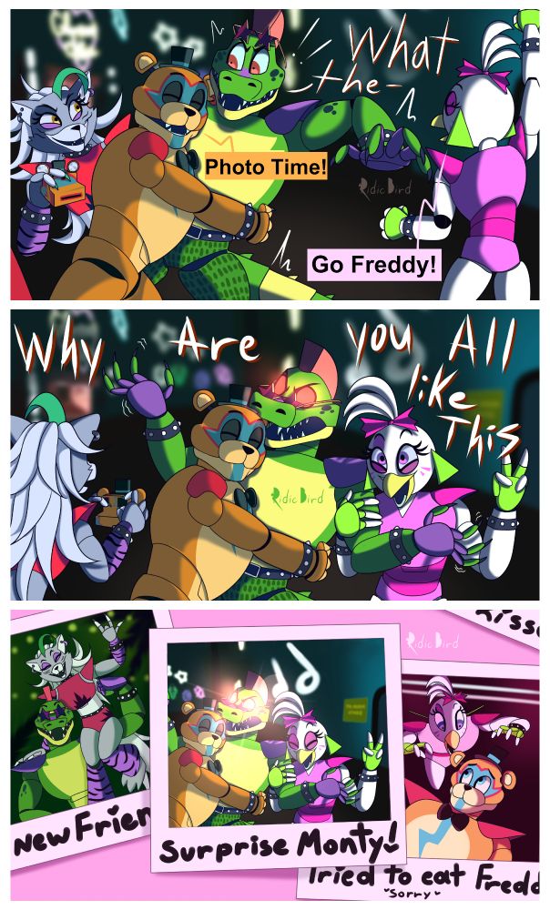Suddenly Glamrock Freddy appears, hugging Monty, Monty is surprised and not happy when Roxy takes the picture Chica wanted.