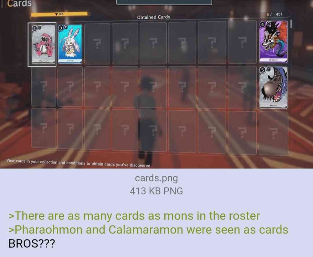 A screenshot of a website displaying a screenshot of the upcoming game Digimon Time Strangers displaying the collectable cards. In addition to this, the screenshot includes text saying "There are as many cards as mons in the roster," "Pharaohmon and Calamaramon were seen as cards," and finally "BROS???"