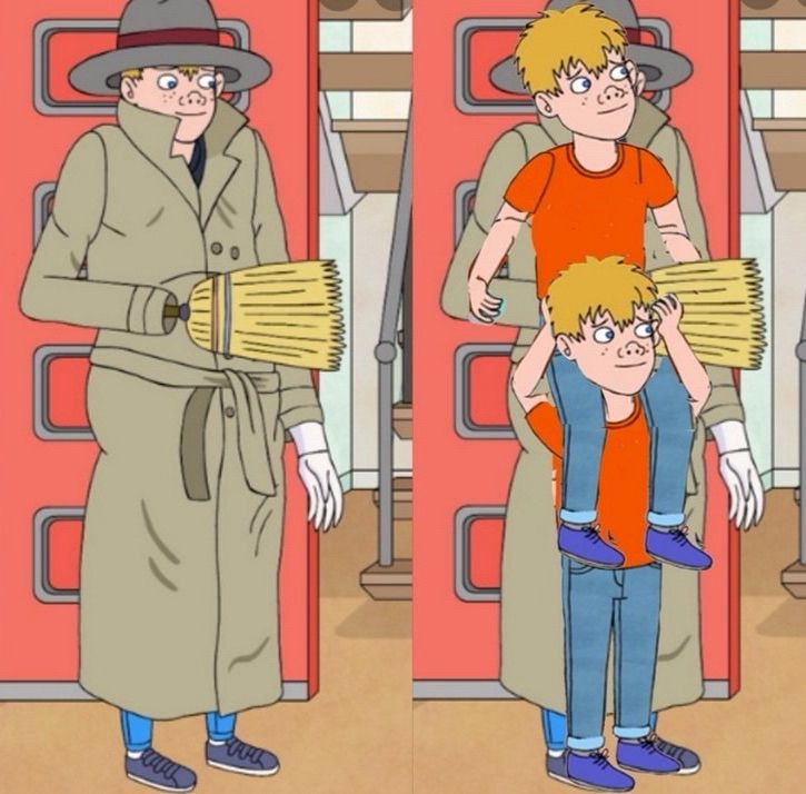 this is a side by side image

on the left is Vince Adultman (a character from Bojack Horseman) wearing a gray hat, tan trench coat, and has a mannequin arm sticking out the left sleeve and a broom sticking out of the right sleeve

on the right is the same character but with Kevin (another character from Bojack Horseman) stacked on each other’s shoulders to show that Vince Adultman seems to be children disguised as a grown up