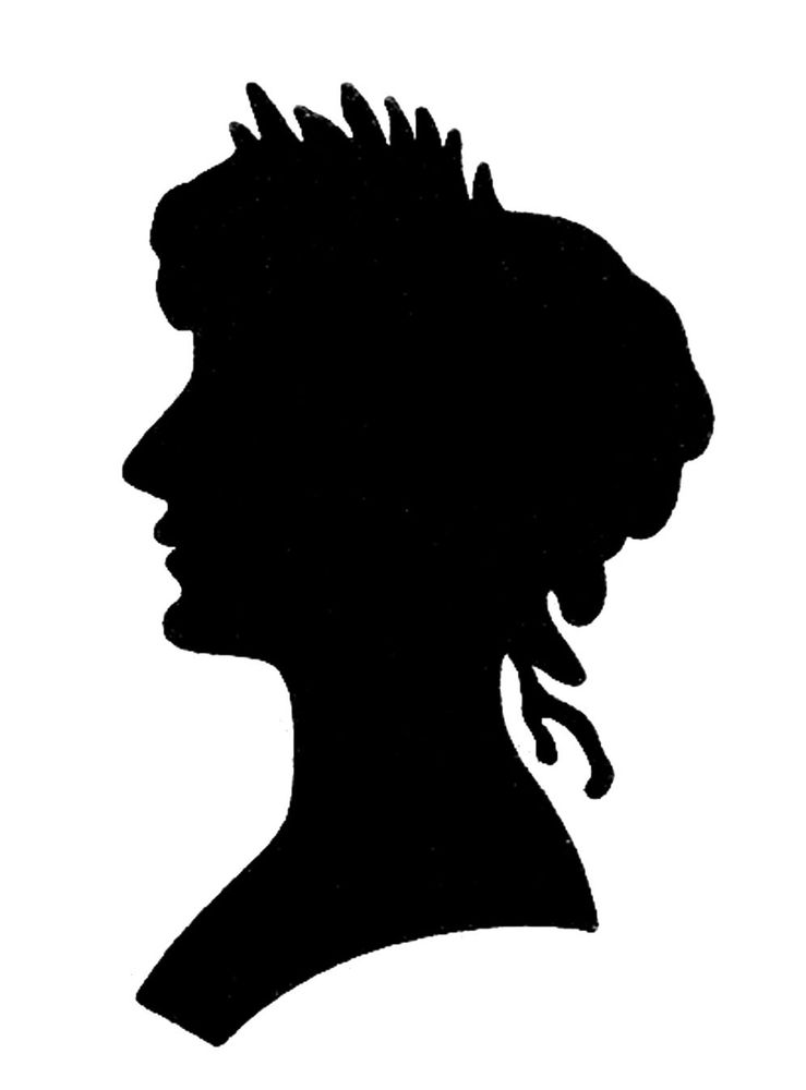 A silhouette of bust of a woman rendered in black on a white background looking left.