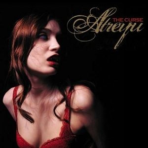 Album art from The Cursed by Atreyu. A dark haired woman wearing a red bra visible from bust upwards looks slightly over her shoulder. Black background with the words The Cursed and Atreyu. It's suggested she has fangs.