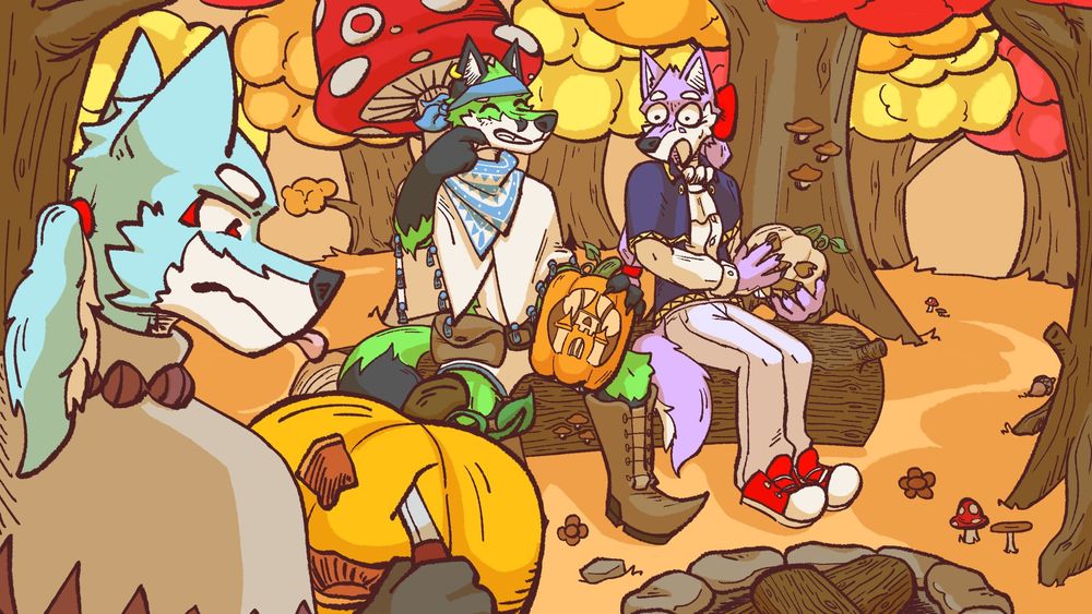 Art of the prince, Lars, and Blossom carving pumpkins in an autumn forest. The prince focuses intently on his somewhat shoddy handiwork, while Blossom acts embarrassed upon realizing that Lars has carved an impressive depiction of a castle into his pumpkin.