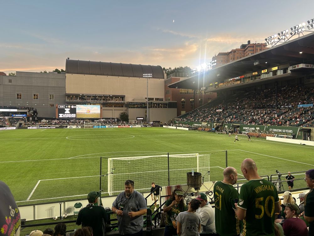 View of a soccer pitch from behind the home team goal during halftime 
