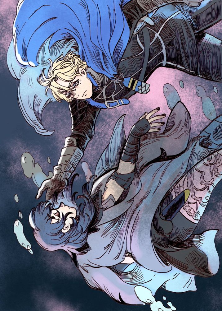 An illustration of Academy!Dimitri desperately reaching out to a falling, unconscious Byleth