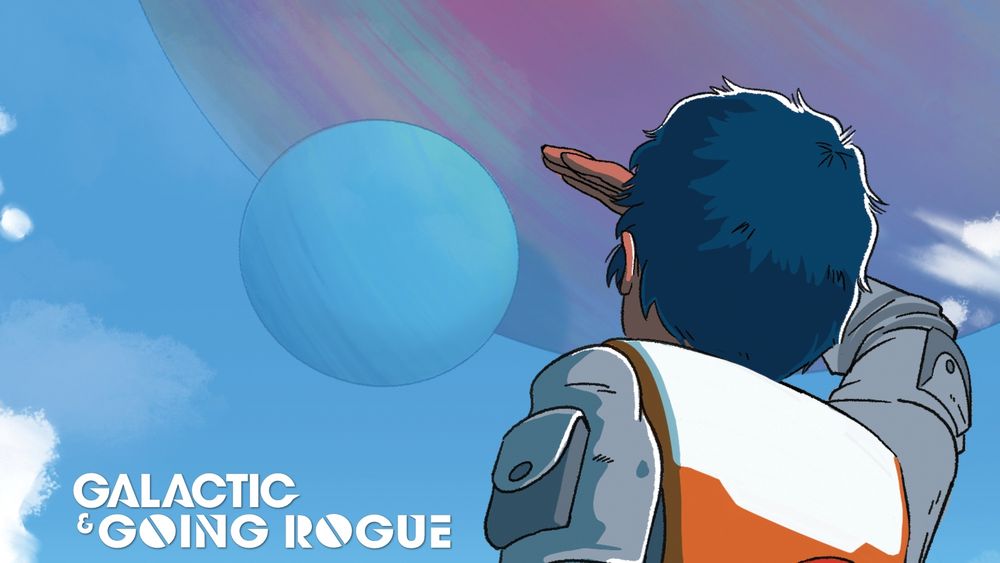 Someone looks up at a sky with two enormous moons while shielding their eyes. The words "GALACTIC & GOING ROGUE" are written in the bottom left corner.