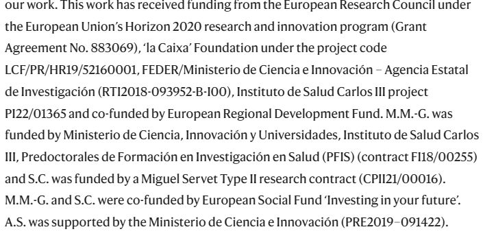 screen grab saying: " This work has received funding from the European Research Council under the European Union’s Horizon 2020 research and innovation program (Grant Agreement No. 883069), ‘la Caixa’ Foundation under the project code LCF/PR/HR19/52160001, FEDER/Ministerio de Ciencia e Innovación – Agencia Estatal de Investigación (RTI2018-093952-B-I00), Instituto de Salud Carlos III project PI22/01365 and co-funded by European Regional Development Fund. M.M.-G. was funded by Ministerio de Ciencia, Innovación y Universidades, Instituto de Salud Carlos III, Predoctorales de Formación en Investigación en Salud (PFIS) (contract FI18/00255) and S.C. was funded by a Miguel Servet Type II research contract (CPII21/00016). M.M.-G. and S.C. were co-funded by European Social Fund ‘Investing in your future’. A.S. was supported by the Ministerio de Ciencia e Innovación (PRE2019–091422)."
