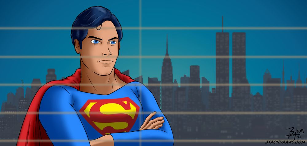 Christopher Reeve's Superman outside the Daily Planet's windows looking in with the New York city skyline in the background. 