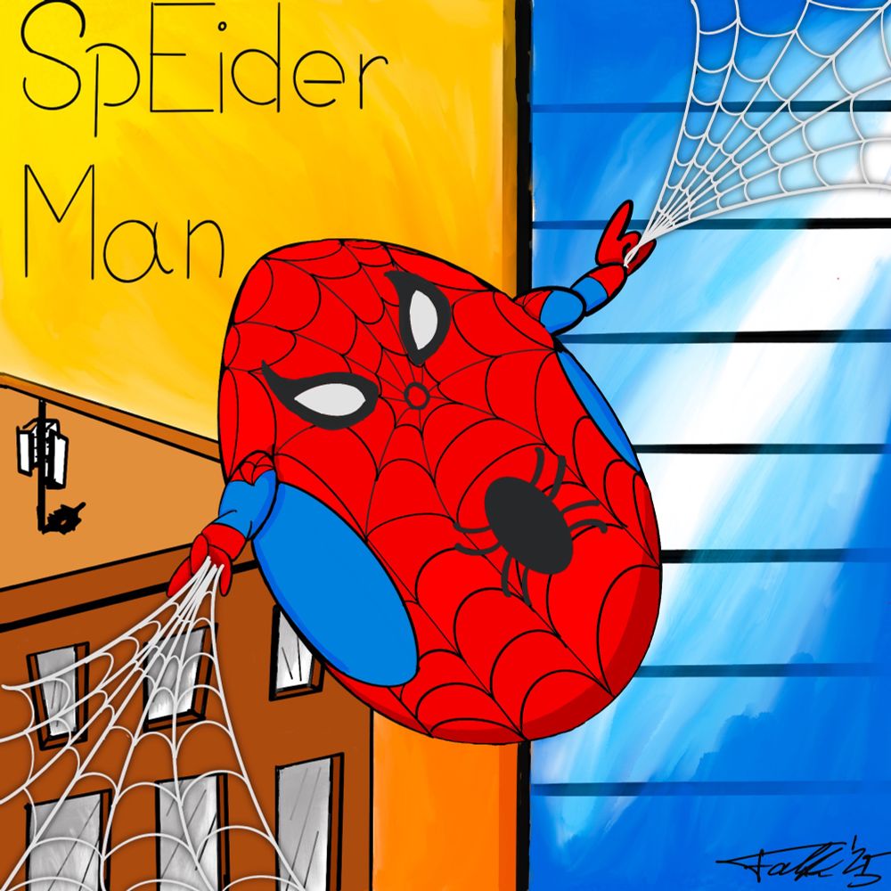 Gerne, hier ist eine Beschreibung des Bildes:
Das Bild ist eine humorvolle, digitale Zeichnung, die eine parodierte Version von Spider-Man zeigt.
 * Hauptfigur: Die zentrale Figur ist ein sehr runder, fast eiförmiger Charakter, der das klassische rot-blaue Spider-Man-Kostüm trägt. Das Kostüm hat das typische Spinnennetz-Muster, die stilisierten weißen Augen und ein großes schwarzes Spinnen-Symbol auf der Brust.
 * Aktion: Diese "SpEider-Man"-Figur schwingt sich an Spinnenfäden, die sie aus beiden Armen schießt, zwischen zwei Gebäuden hindurch.
 * Umgebung: Die Szene spielt in einer Stadt. Auf der linken Seite ist ein braunes Gebäude mit Fenstern, an dem ein Spinnenfaden befestigt ist. Der Himmel dahinter ist in warmen Gelb- und Orangetönen gemalt. Auf der rechten Seite ist ein modernes, blaues Glasgebäude, an dem der andere Faden haftet. Der Himmel hier ist in verschiedenen Blautönen gehalten.
 * Text: Oben links in der Ecke steht der Schriftzug "SpEider Man". Die ungewöhnliche Großschreibung von "Eider" ist ein klares Wortspiel, das auf die "Ei"-Form der Hauptfigur anspielt.
 * Stil: Die Zeichnung ist im Cartoon-Stil gehalten und wirkt verspielt und komisch. Unten rechts ist eine Signatur des Künstlers zu sehen.

