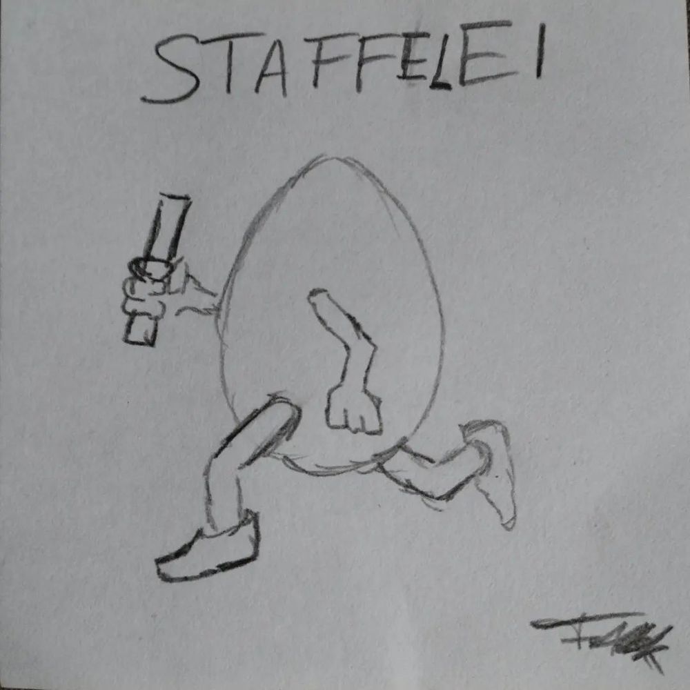 Ein mit Bleistift gezeichnetes Ei, das rennt und einen Staffelstab trägt. Im Hintergrund ist nichts zu sehen und darüber steht "StaffelEi".