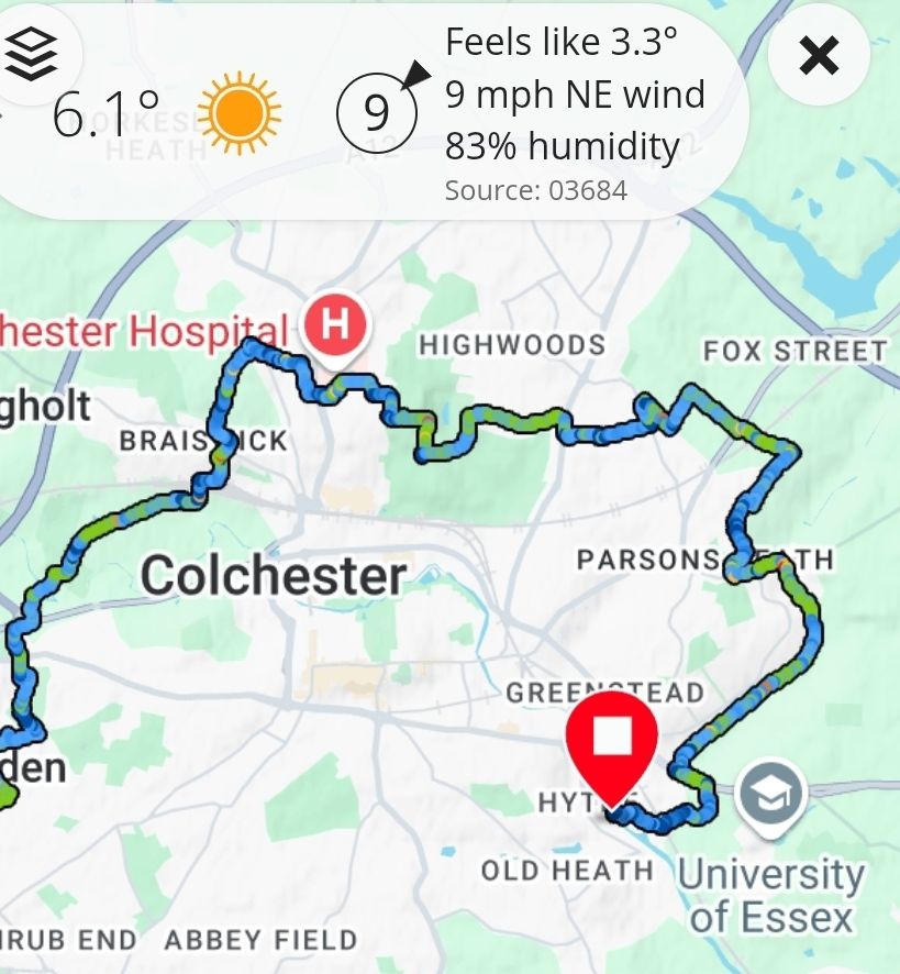 Map of the route we covered, including most of the western portion, and all of the Eastern portion, of the Colchester orbital walk