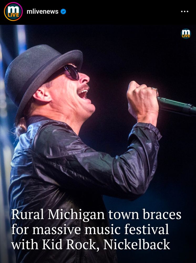 A screenshot from a Michigan news source. It is a picture of an aging Kid Rock with a microphone. The caption reads "Rural Michigan town braces for massive music festival with Kid Rock, Nickelback."