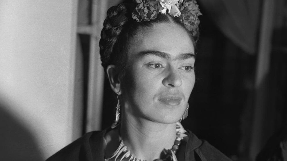 B& W photo of artist and icon Frida Kahlo, born July 6, 1907, Coyoacán, Mexico.