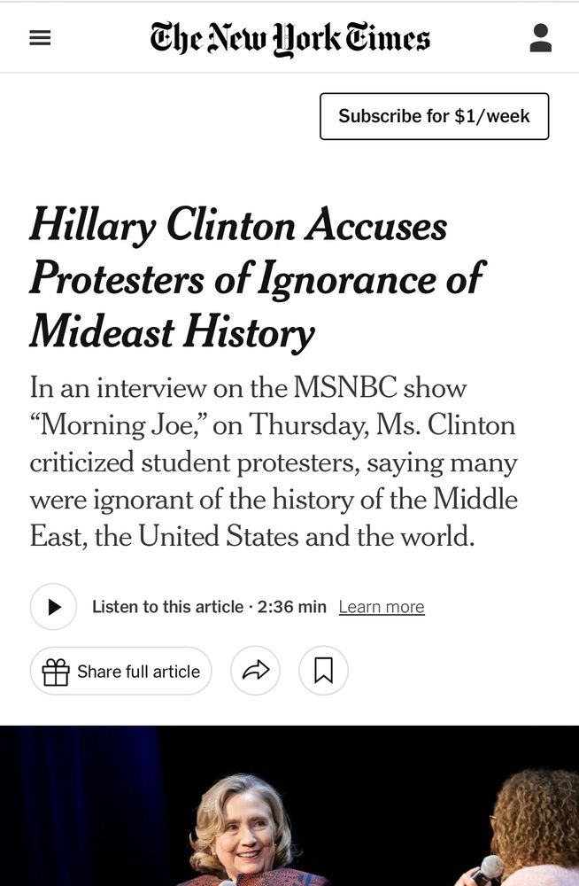 NYT:  Hillary Clinton accuses protestors of ignorance of Mideast history 