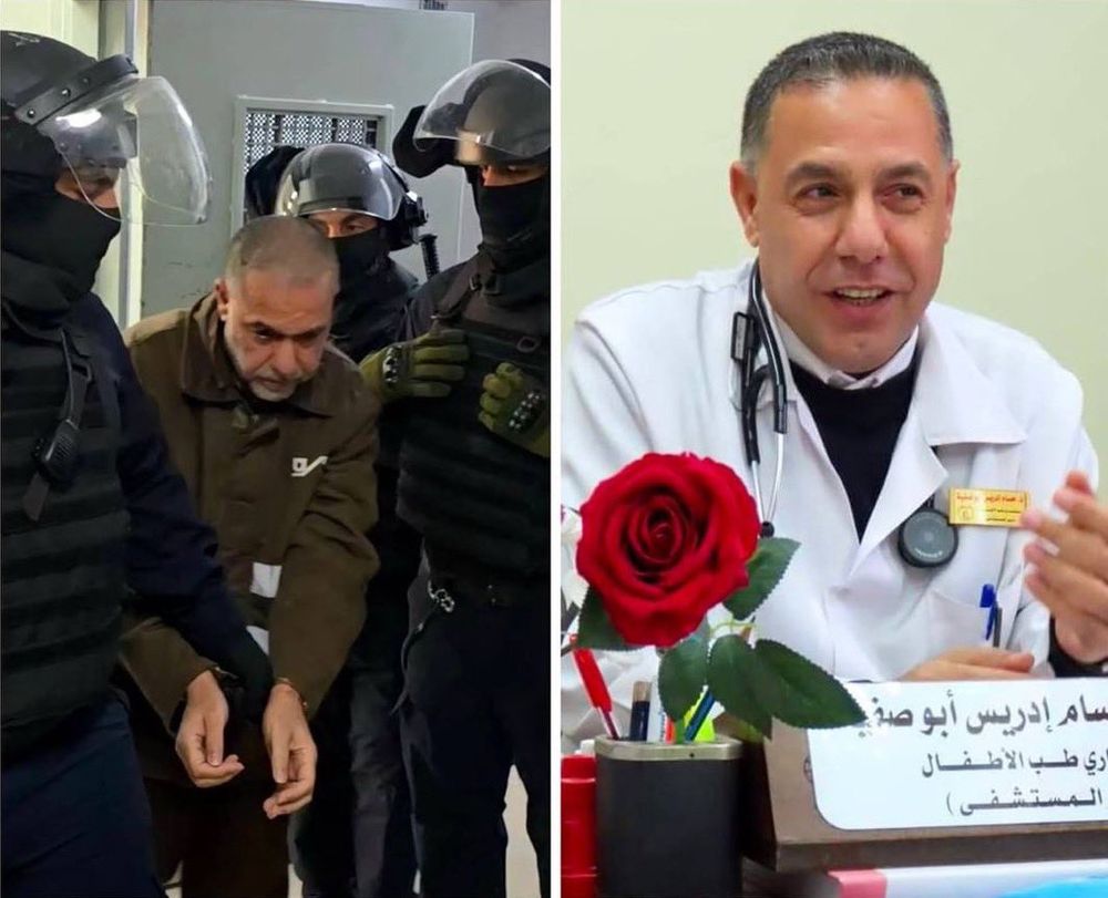 Side by side photos of Palestinian Dr Abu Safieh, one smiling and healthy speaking on a panel in his medical scrubs and one in handcuffs surrounded by masked IOF terrorist thugs when they arrested him for saving lives in Gaza 