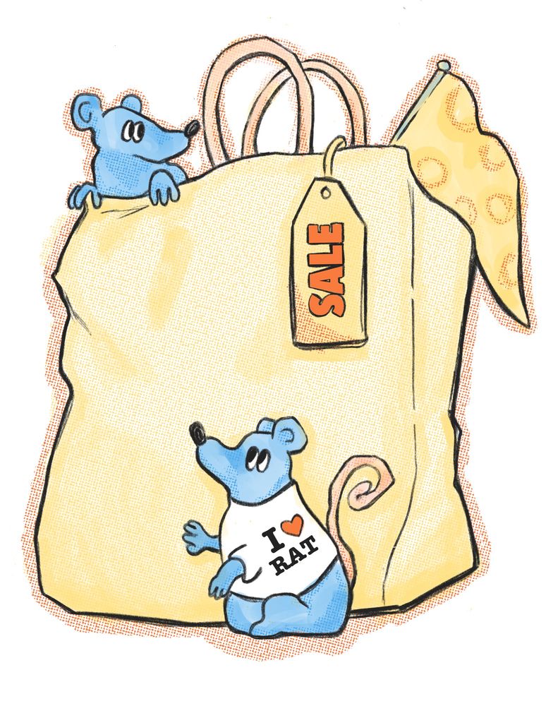 An illustration of two rats and a shopping bag. A tag that says “SALE” and flag that looks like cheese poke out. One of the rats is wearing a t-shirt that says “I ❤️ RAT”