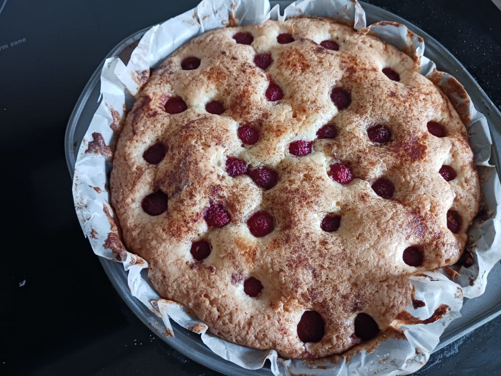 A picture of a raspberry cake in the cake pan. Nice and browned from the oven.
