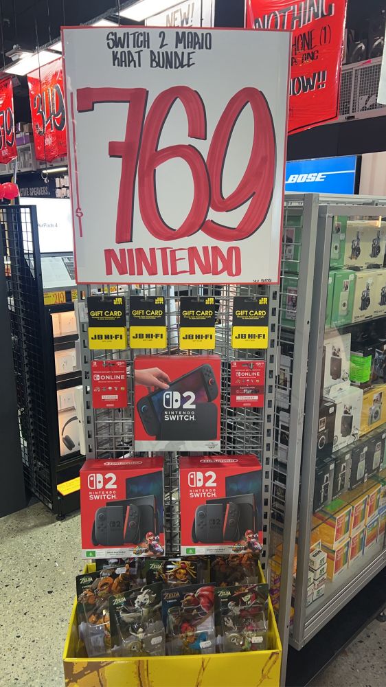 A store display stand for Nintendo Switch 2 at JB HiFi in Australia, with stock available.