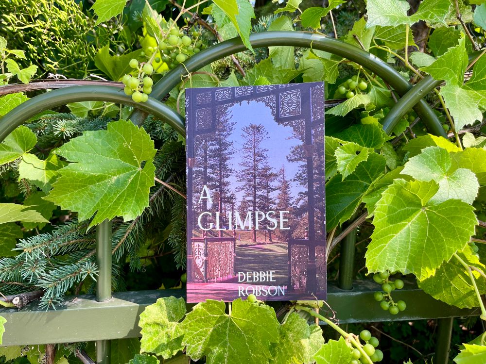 The chapbook “A Glimpse” by Debbie Robson sits against a green metal fence covered with light green vine leaves.