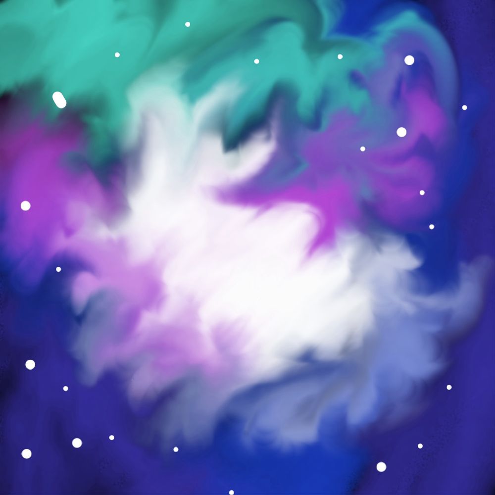 A phone painting of a galactic gas cluster with different colors visible and little balls to represent stars