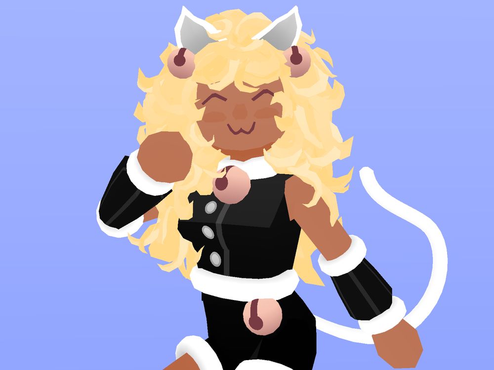 Emma from the visual novel what is it like to taste. A robotic cat-girl caregiver with long curly hair and a stylish black uniform. She has white cat ears and a long white tail.