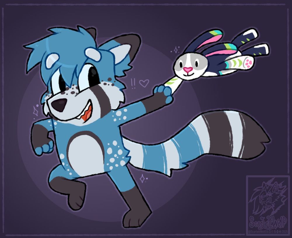 Red panda draw in the bluey art style, running cheerfully holding the hand of their favorite bunny plush (that’s design is based on their partner’s fursona). 