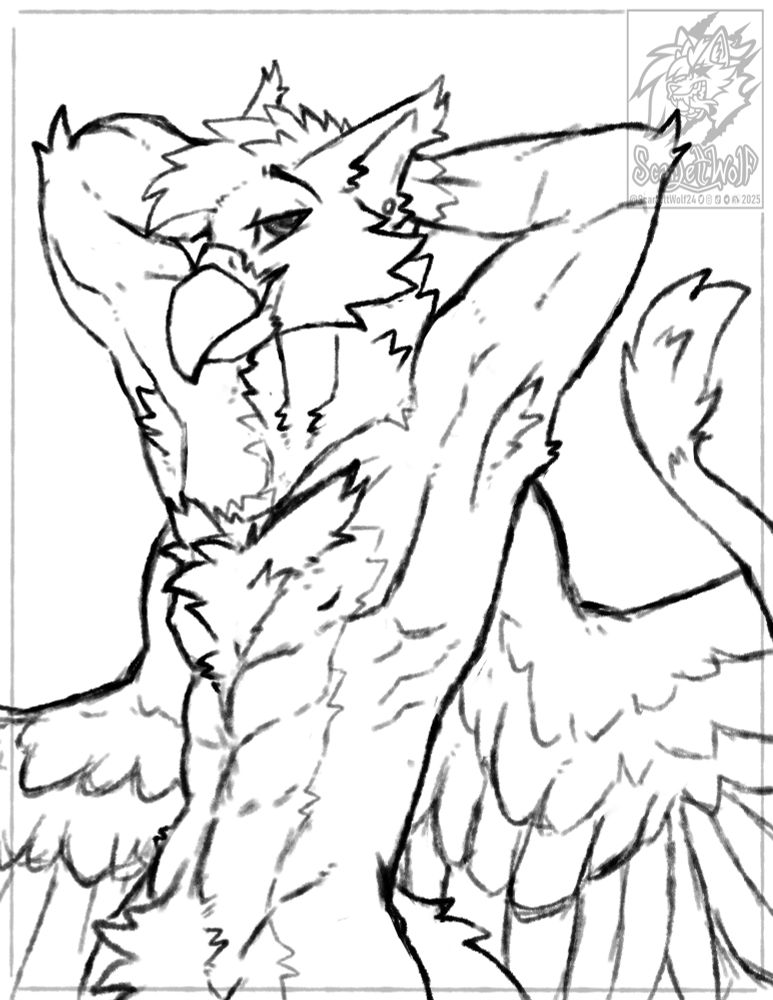 Gryphon (or Griffin ) furry flexing his muscular arms behind his head while his wings are angled downwards. This is a digital sketch halfbody commission. #furryart #furry