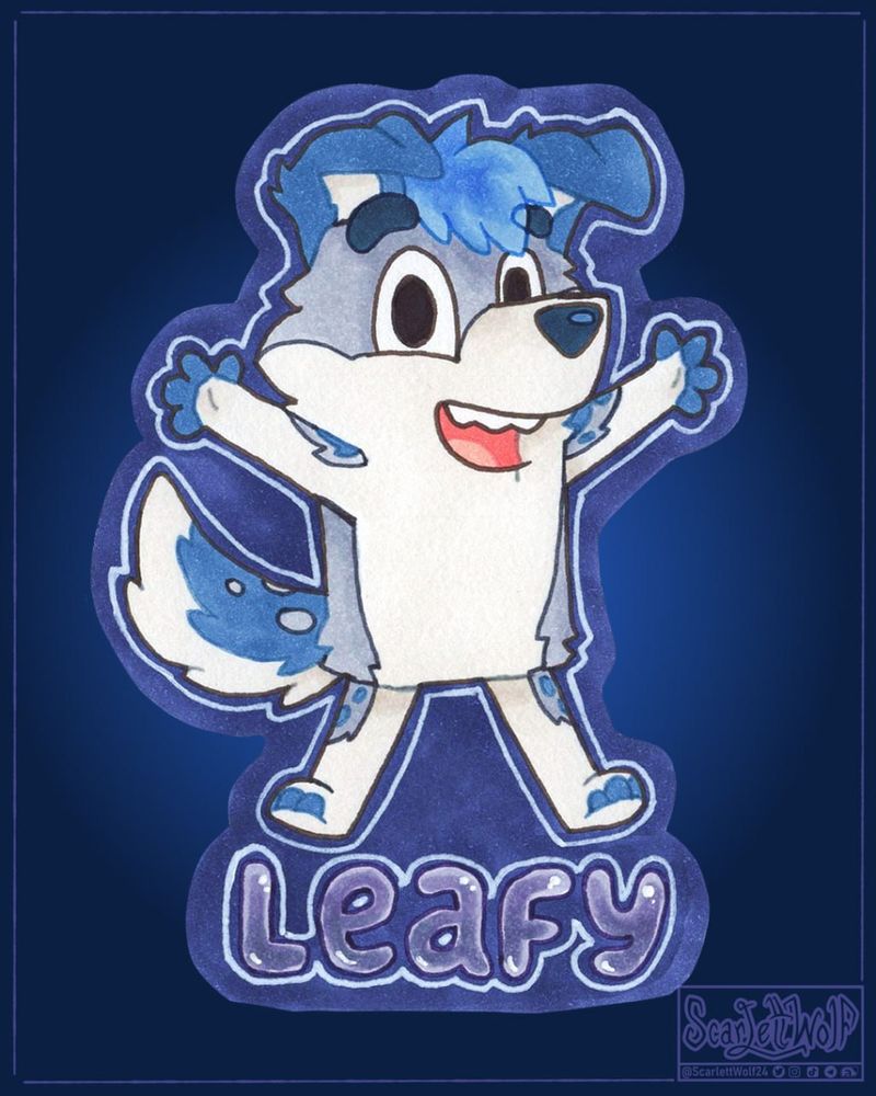 Copic marker badge drawing of a floppy ear blue dog in bluey artstyle, jumping in the air like bluey. 