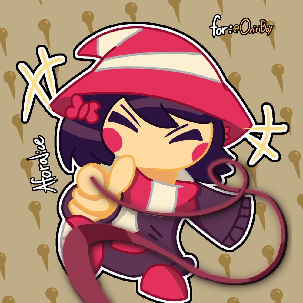 A drawing of Chichi by OniriBoy on ArtFight. She is a very short witch who can create wool from her fingertips. She is shooting a thread of yarn from her finger as she points towards the viewer, giggling.